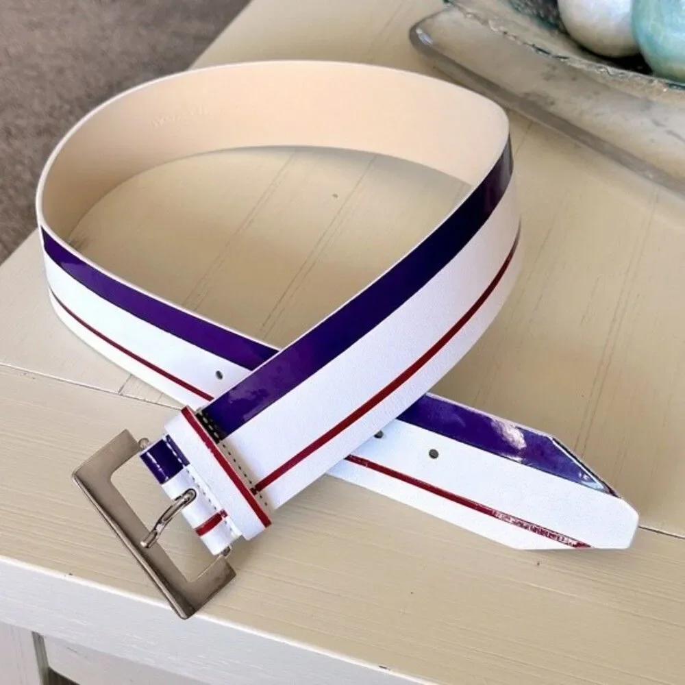 Worth New York Leather Belt Made in Italy White with Purple Red Stripes 2” Small